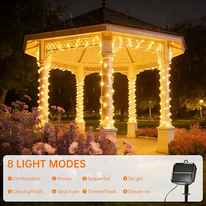 Solar Roep Lights for outside, 66ft 200 LED Solar string Lights with 8 Modes, Waterproof Solar Outdoor Light for Patio Garden Party Tree Proch Pool Fence Outdoor Holiday Xmas Decor-Warm White