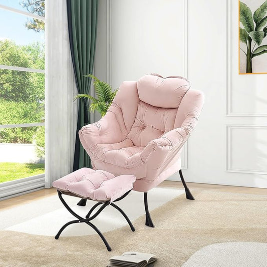 GarveeHome Lazy Chair with Ottoman, Modern Lounge Accent Chair, Leisure Sofa Armchair with Footrest, Reading Armchair with Side Pocket for Living Room, Bedroom, Dorm & Office