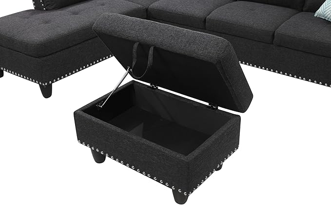 Favfurish 98" Left Hand Facing Sofa with Ottoman and Manufactured Wood Frame,L-Shaped Design Sectional Chaise W/Rounded Arms & Nailhead Trim,for Living Room,Office,Apartment,Charcoal Grey