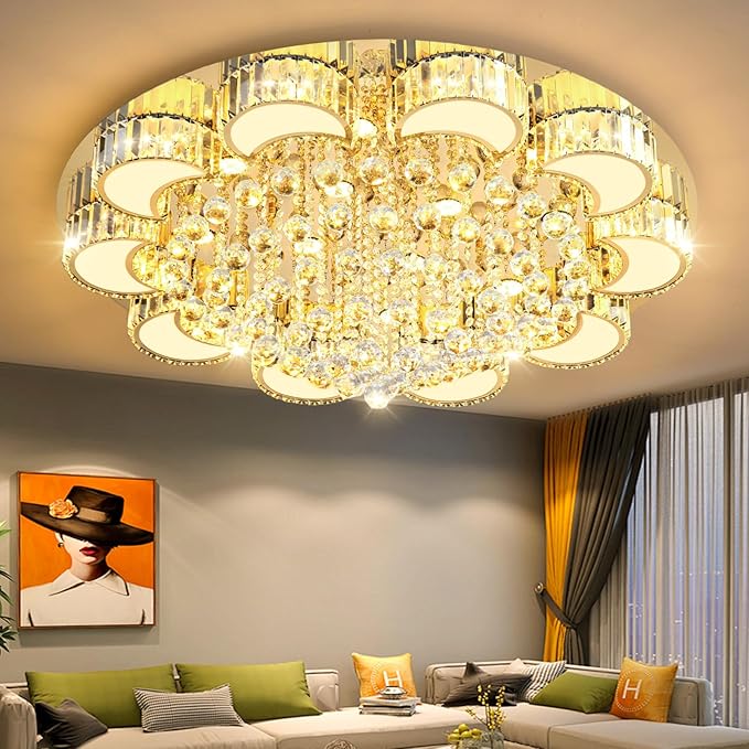 39.4'' Gold Modern Crystal Chandeliers for Dining Room LED Dimmable Light Fixtures Flush Mount Light Living Room Bedrooms