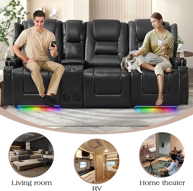 Oprisen 3-Seater Power Recliner Sofa Couch Flip Middle Backrest Reclining Sofa Chair for Living Room with Multi-Function Console/Cup Holders/LED Ambient Light