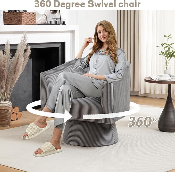 Swivel Accent Chair, Modern 360° Barrel Chair, Corduroy Upholstered Single Sofa for Living Room, Bedroom(Gray)