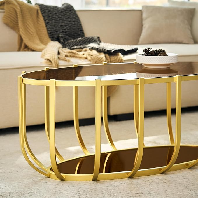 Saint Mossi Glass Oavl Coffee Table for Living Room, Modern 2-Tier Gold Center Table, Brown Glass Top and Brown Mirror Shelf with Gold Finish Legs & Frame