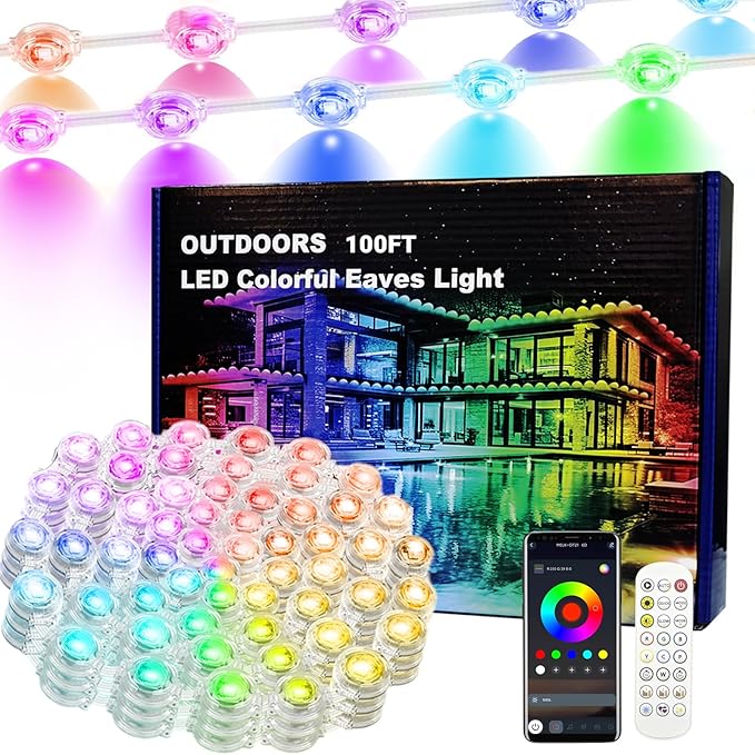 100FT Permanent Outdoor RGB Lights - IP67 Waterproof Smart 50 LEDs Eaves Lights with App/Remote Control,for Christmas and All Holiday Decor, Daily and Accent Lighting,House Roof,Garden Lighting