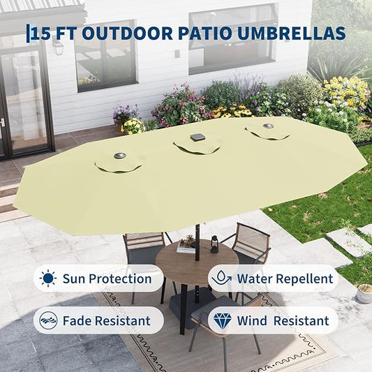 GarveeLife 15 FT Patio Umbrella with Base Included, Patio Table Umbrella with solar lights, 10 Sturdy Ribs UV Protection Waterproof for Garden, Pool, Deck, Backyard (Green)