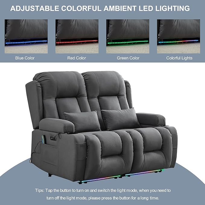 TUNYI Wall Hugger Loveseat Recliner Sofa with Massage & Heat, Power Reclining Loveseat RV Couch with USB/Outlet/Storage/LED Light/Speaker (Grey)