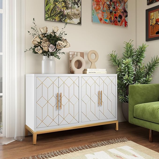 47.8" Accent Storage Cabinet with 4 Doors, Modern Sideboard Buffet Cabinet with Gold Lines, Wood Decorative Credenza with Storage for Living Room, Kitchen, Dining Room, Entryway, White