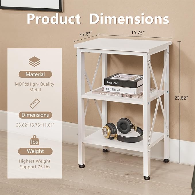 VECELO End Table, 24" Tall Wood Living Room X-Design Reinforced Side Tables, Nightstands with 3-Tier Wood Storage Shelves for Small Spaces, Office, Bathroom, Bedroom, Pearl White, 2 Pack