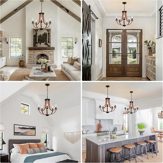 21" Farmhouse Chandelier, 5-Light Rustic Dining Room Light Fixture, Farmhouse Chandeliers for Dining Room, Faux Wood Texture Adjustable Pendant Lighting for Living Room, Kitchen, Foyer, Entryway