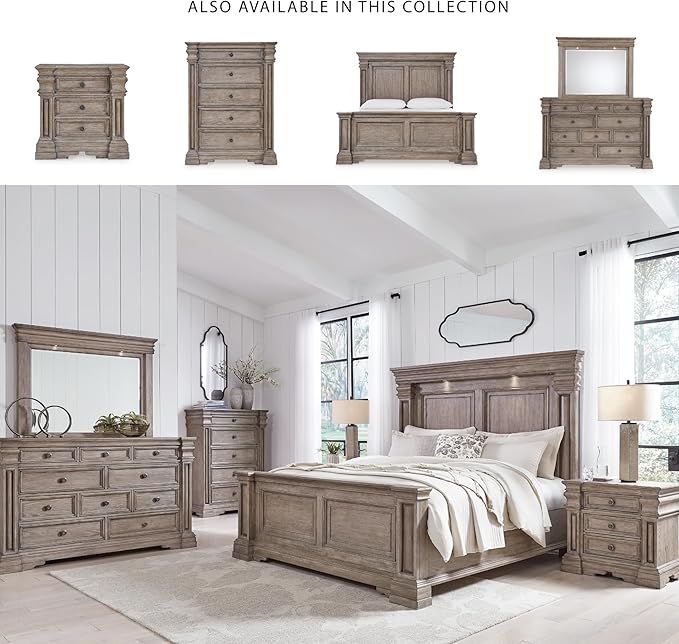Signature Design by Ashley Blairhurst Traditional 10-Drawer Dresser and Mirror with Safety Stop, Felt-Lined Top Drawer and LED Lights, Light Brown