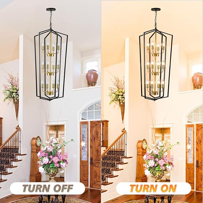 WJShome Modern Black and Gold Chandelier, 12-Light Tiered Lantern Pendant Light Fixture, Long Chandeliers for High Ceilings, Farmhouse Foyer Lighting Fixtures, for Living Room Staircase Entryway