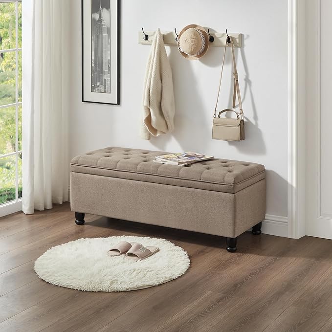 Upholstered Ottoman with Storage,Entryway Bench with Tufted Buttons and Spindle Wooden Legs for Living Room,Bedroom,Linen