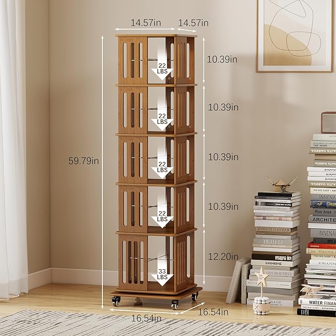 5 Tier Rotating Bookshelf Tower on Wheels, Wood Spinning Bookcase, Bamboo Revolving Book Shelf, Narrow Bookshelves for Small Space, Corner, Bedroom, and Living Room - Walnut