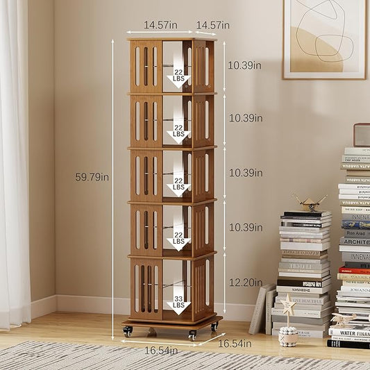 5 Tier Rotating Bookshelf Tower on Wheels, Wood Spinning Bookcase, Bamboo Revolving Book Shelf, Narrow Bookshelves for Small Space, Corner, Bedroom, and Living Room - Walnut