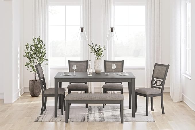 Signature Design by Ashley Wrenning Diamond Patterned Dining Table Set, 4 Upholstered Chairs and Bench, Seats 6, Wood, Gray