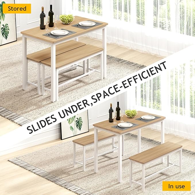 Rovibek 43" Dining Table Benches Set for 4, Modern Space Saving Kitchen Table Chairs & Adjustable Feet Breakfast Table 2 Benches, Wooden Industrial Style Farmhouse, White