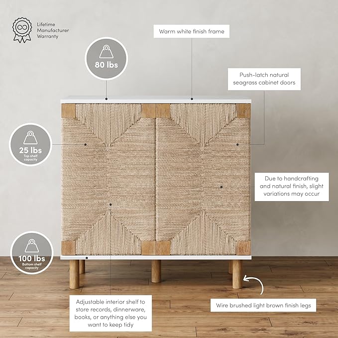 Nathan James Beacon Accent Natural Sideboard Storage Cabinet with Adjustable Interior Shelf and Seagrass Doors, for Hallway, Entryway or Dining Room, Light Brown/White
