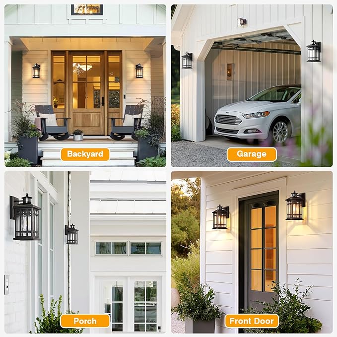 Distance-Adjustable Outdoor Lights for House, Modern Black Motion Sensor Outdoor Light with Gold Trim, Waterproof Dusk to Dawn Exterior Lighting Fixtures, Anti-Rust Outdoor Lanterns for Porch, Garage