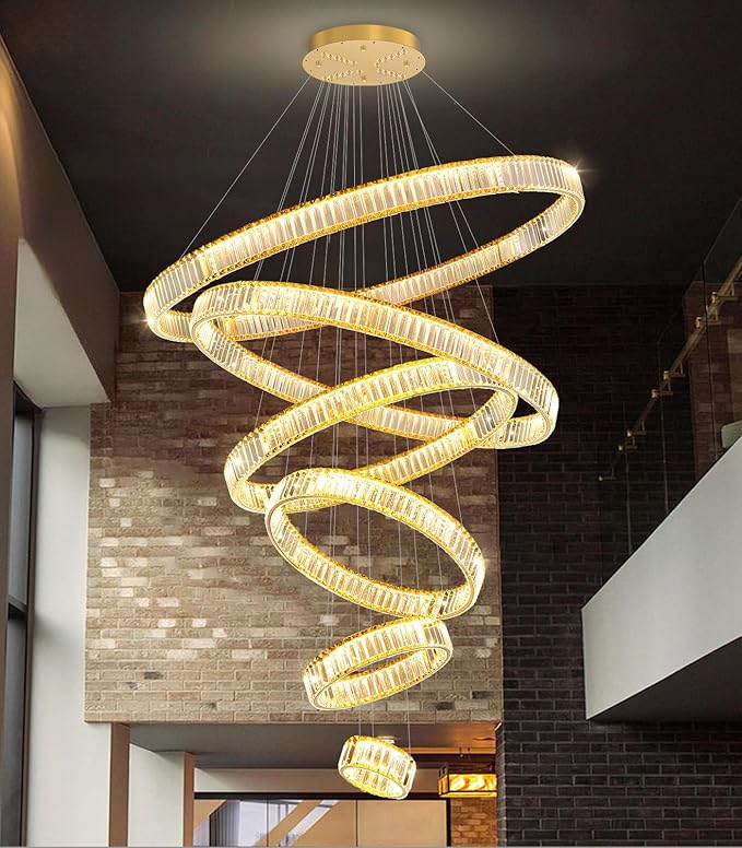 Large Ring Chandelier Modern Crystal Chandeliers for High Ceiling Round LED Dimmable Ceiling Light Fixture for Foyer Long Stair Gold 8''+16''+24''+32''+40''+47''