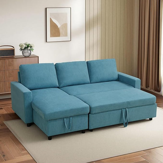 Yafylly L-Shaped Sleeper Sofa with Chaise Lounge & Storage, Pull-Out Couch Bed with Recliner, Full Size Futon for Living Room, Office, Apartment Teal