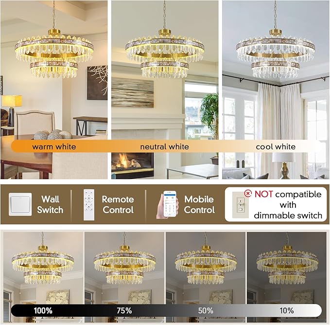 2-Tier Round LED Crystal Chandelier for Living Room - Large 3 Colors Stepless Dimmable Gold Chandeliers,Modern Adjustable Height high ceiling Light Fixture for Dining Room Entryway With Remote Control