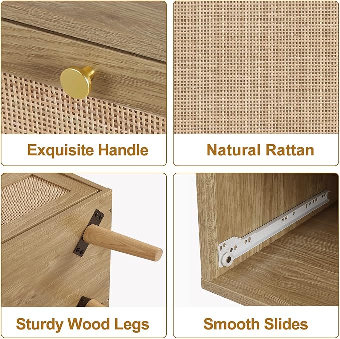 Anmytek 2pcs 3 Drawer Rattan Dresser, Modern Wooden Chest with Golden Handles, Storage Organizers for Bedroom, Living Room, Hallway