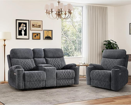 HAOMARKETS 2-Piece Power Recliner Sofa Set with Charging Port, Include Single Recliner Chair and 2-Seater Loveseat Reclining Couch with Hidden Storage and Cup Holders for Living Room, Dark Grey