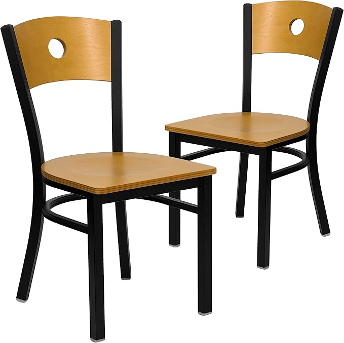 Flash Furniture 2 Pk. HERCULES Series Black Circle Back Metal Restaurant Chair - Natural Wood Back & Seat