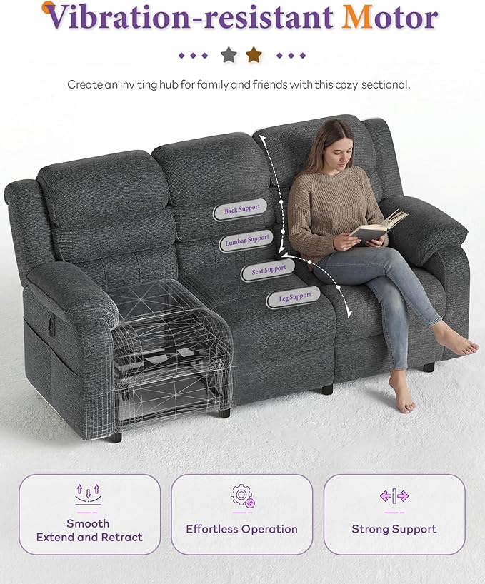 TYBOATLE Power Reclining Sofa, 3 Seater Electric Reclining Sofa with Dual Motors and Remote Control, Chenille Couch w/Side Pockets for Living Room, Game Room, 76.5" Wide (Grey)