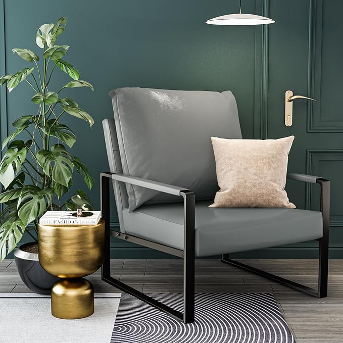AWQM Modern PU Leather Accent Chair Arm Chair with Extra-Thick Padded Backrest and Seat Cushion Sofa Chairs for Living Room Bedroom, 105 Degree Slant Back, Non-Slip Adsorption Feet-Grey（Set of 1）