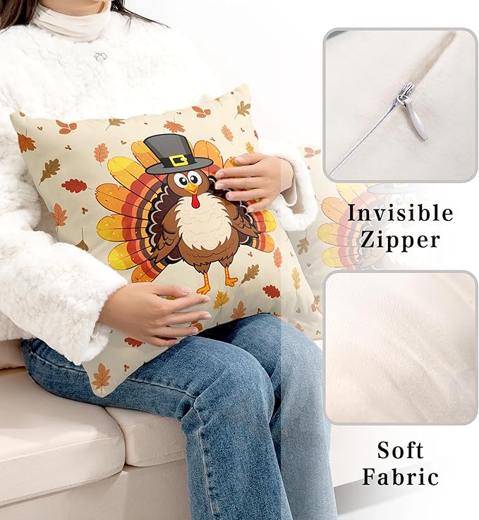 Pack of 2 Thanksgiving Throw Pillow Covers Cartoon Turkey with Autumn Maple Leaves Pillow Covers 24x24 Fall Leaves Pillow Case Square Cushion Case for Living Room Couch
