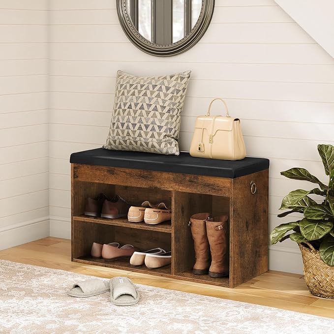 HOOBRO Storage Bench with Cushion, Shoe Bench with Lift Top Storage, Wooden Shoe Cabinet Bench with Hidden Storage, 12.4 x 32.3 x 18.3 Inches, for Entryway, Bedroom, Rustic Brown and Black BF40HX01