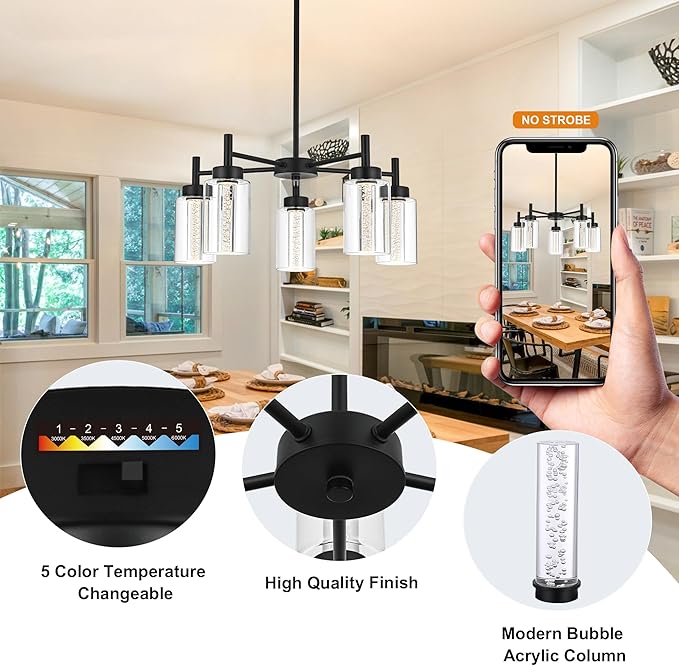 VINLUZ 5 Light LED Modern Pendant Lights, Classic Black Chandelier with Crystal Bubble Clear Glass Shade Indoor Kitchen Island Lights Fixtures for Dining Room Cafe Bar
