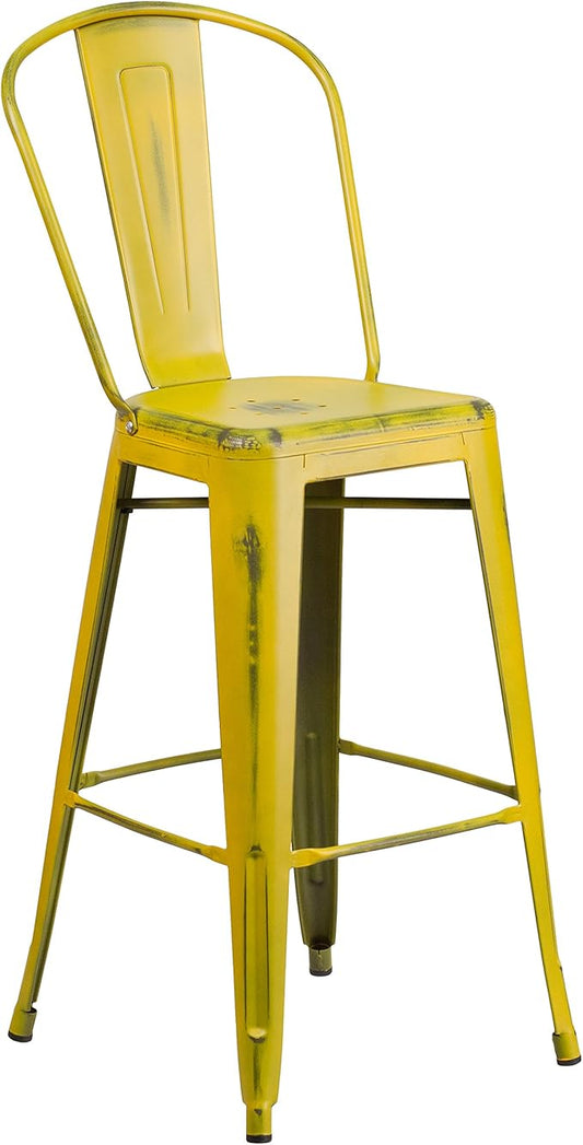 Flash Furniture Commercial Grade 30" High Distressed Yellow Metal Indoor-Outdoor Barstool with Back