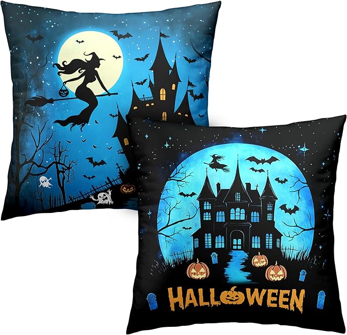 Halloween Pillow Covers 24x24 Set of 2 Witch Castle Throw Pillow Covers Horror Full Moon Night Pillow Case Bat Ghost Pumpkin Cushion Case for Holiday Party Home Decor Couch Sofa