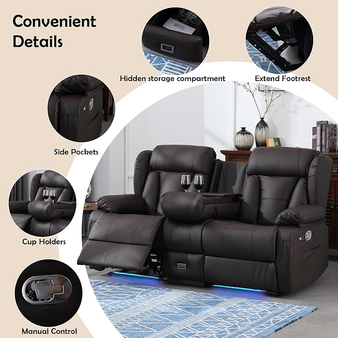 72.8" Loveseat Recliner Sofa, Manual Reclining Couch with Console, AC Outlet & USB-A/USB-C Ports, Wall Hugger RV Sofa for Living Room & Home Theater with Cup Holders (Brown Console with LED)