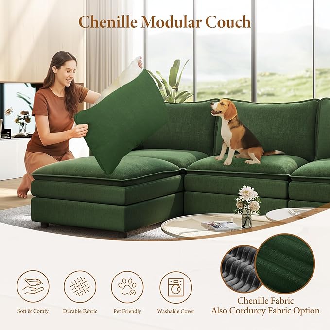 Vesgantti 101" V-Shaped Corner Couch Sectional, 7 Seat Customizable Modular Cloud Couches with Movable Ottoman, Chenille Deep Seat Sofa Set with Chaise for Living Room, Bedroom and Apartment, Green | Sink-in Comfort, Height Adjustable, Easy Rearrangeme...