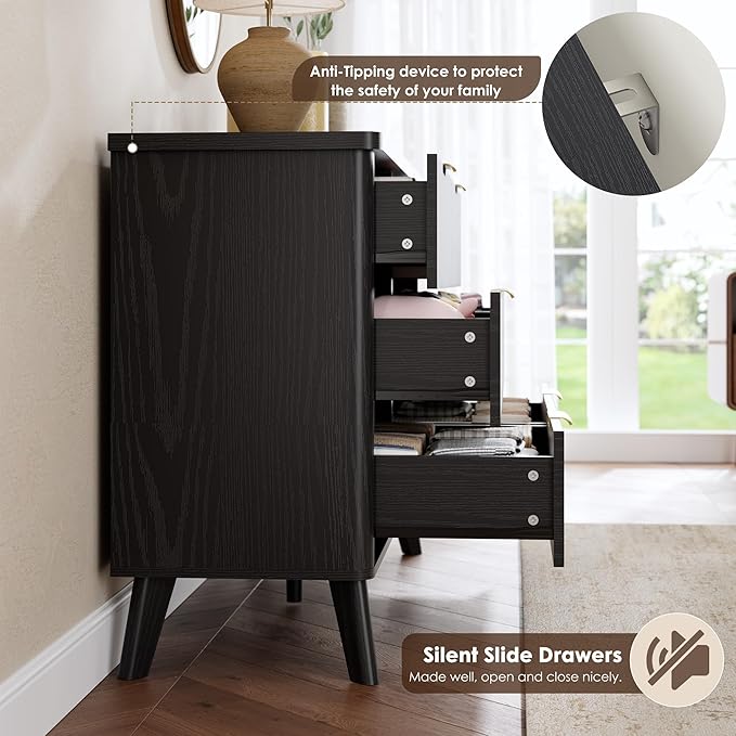 Garvee 6 Drawers Dresser for Bedroom, 47.2" Wide Dressers with Curved Profile Design, Fluted Wood Drawers with Gold Handle, Modern Chest of Dressers with Thickened Design for Living Room, Black