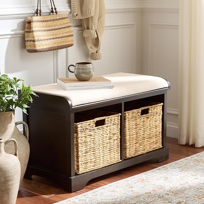 SAFAVIEH Home Collection – Freddy Dark Chocolate Storage Bench with Seat Cushion, 2 Basket Drawers, Coastal Farmhouse Entryway Design, Fully Assembled (AMH5736H)