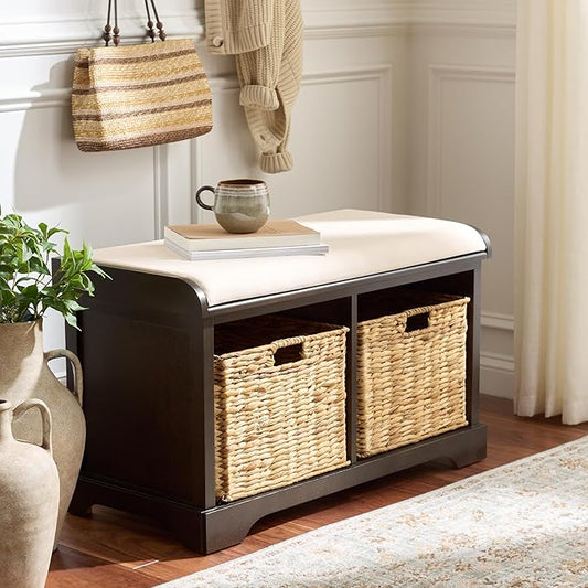 SAFAVIEH Home Collection – Freddy Dark Chocolate Storage Bench with Seat Cushion, 2 Basket Drawers, Coastal Farmhouse Entryway Design, Fully Assembled (AMH5736H)