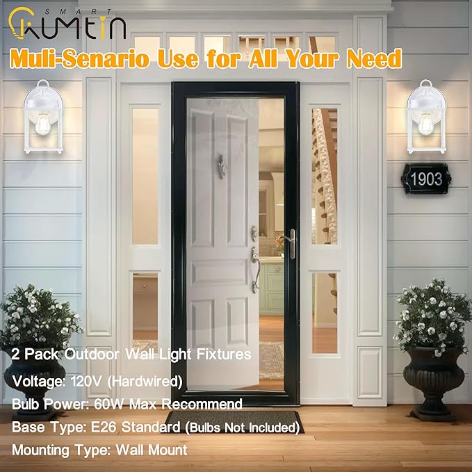 Outdoor Wall Lantern, Exterior Waterproof Wall Sconce Light Fixtures, White Front Porch Lights with Clear Glass, Anti-Rust Metal Outside Lighting Fixture for House Doorway Garage, 4-Pack