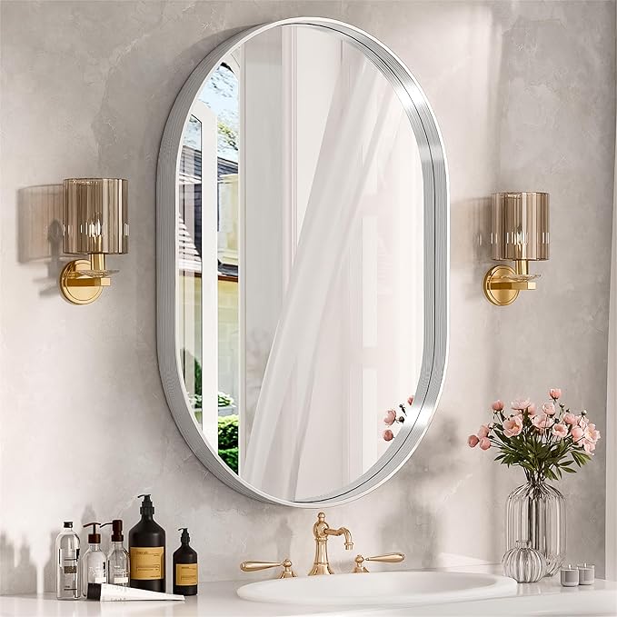 Suidia 24" x 36" Bathroom Mirror, Bathroom Vanity Mirror Metal Framed, Wall-Mounted Mirrors for Bedroom, Living Room, Entryway, Hallway, Silver, Oval Style