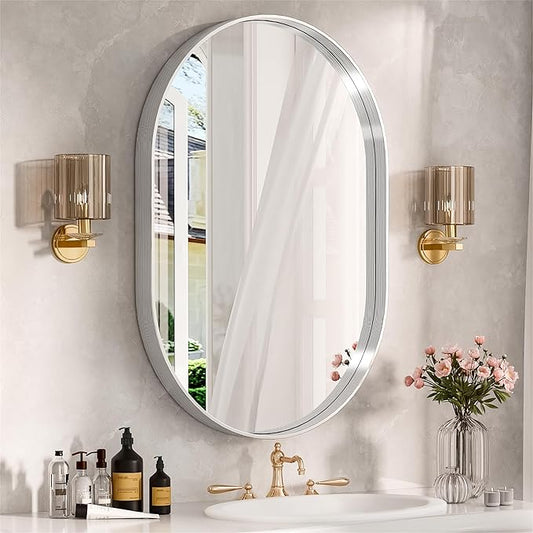 Suidia 24" x 36" Bathroom Mirror, Bathroom Vanity Mirror Metal Framed, Wall-Mounted Mirrors for Bedroom, Living Room, Entryway, Hallway, Silver, Oval Style