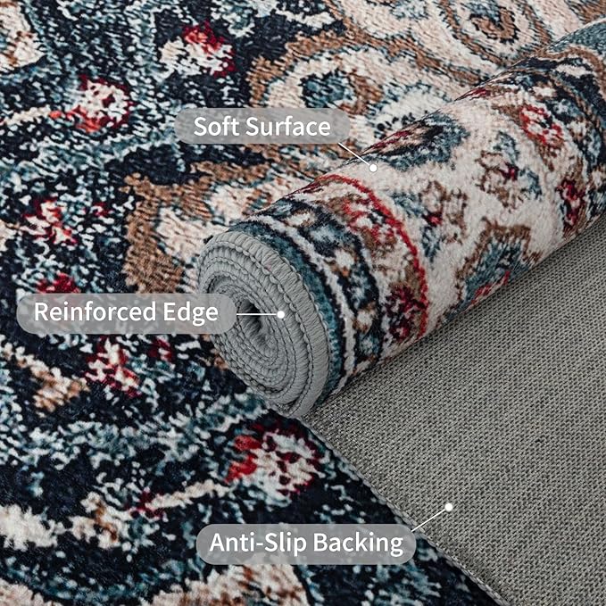 Easy-Going Area Rug 6x9 Medallion Distressed Washable Rugs for Living Room Non-Slip Bedroom Rug Low Pile Lightweight Vintage Retro Throw Rug for Dining Room Kitchen Home Office Carpet, Teal Brick