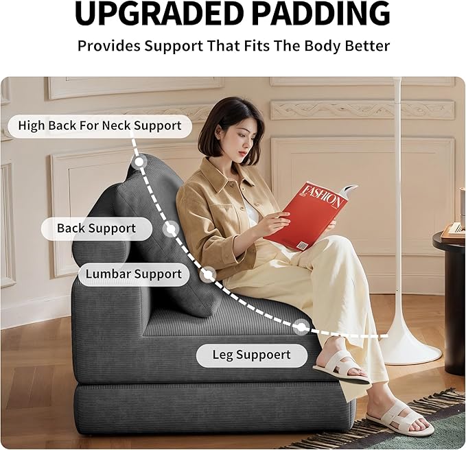 Folding Sofa Bed, 3-in-1 Convertible Sleeper Chair Bed with Pillows, Foldable Floor Couch with High-Density Foam, Futon Small Boneless Couch for Living Room Bedroom Lounge, Single, Gray