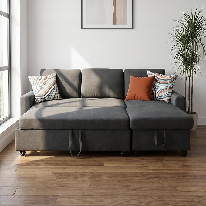Pull Out Couch, L Shaped Sectional Couch with Pull Out Bed, Convertible Sofa Bed with Storage Chaise, Queen Size Sleeper Sofa, Sofa Bed Couch, Sleeper Sofa with Storage, Dark Gray