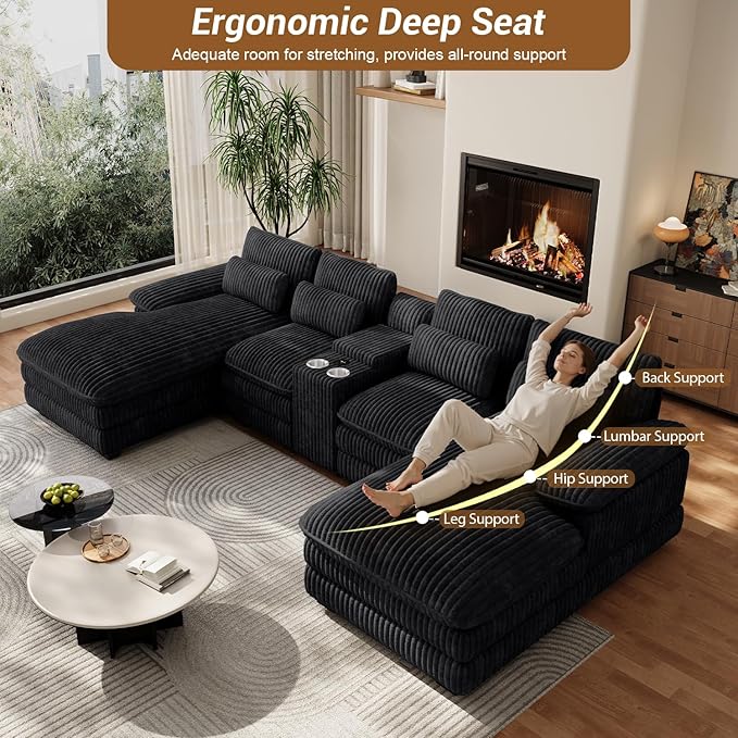 133" Oversized U Shaped Cloud Couch Modular Sectional Couches for Living Room Comfy Corduroy Deep Seat Sofa Set with Double Chaise Lounge, Storage Central Console, Cup Holders, USB Port, Black