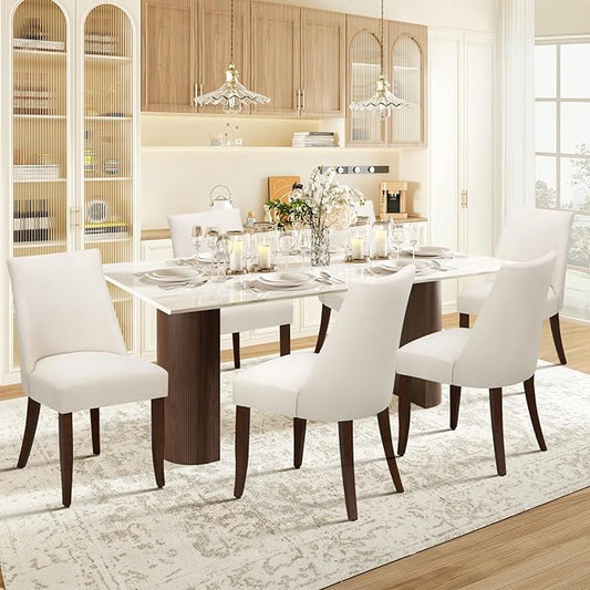 Upholstered Dining Chairs Set of 6, Mid Century Modern Kitchen Chairs with Back, Farmhouse Fabric Side Dining Room Chairs with Wood Legs for Dining Room Restaurant, Beige