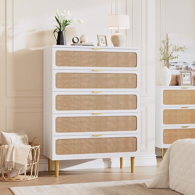 GarveeHome Rattan 5 Drawer Dressers for Bedroom, Tall Dresser with Deep Drawers, Large Chest of Drawers for Closet with Wide Top, Long Wooden Dresser for Living Room, Hallway, Kids Room, White