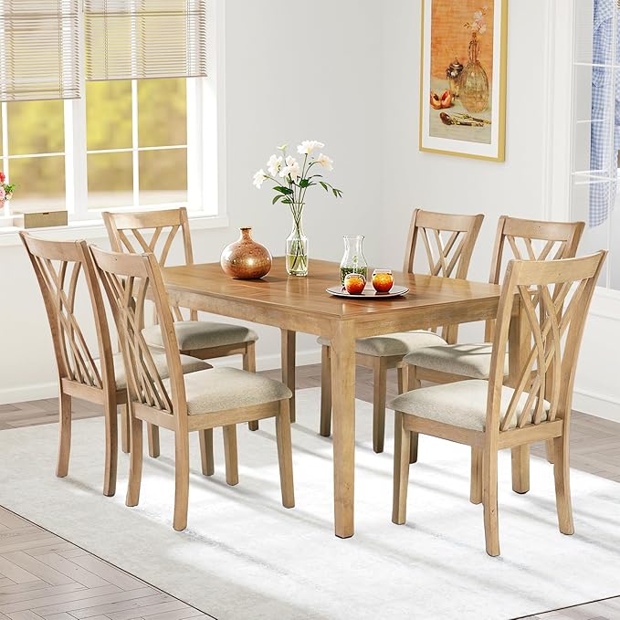 7-Piece Solid Wood Dining Table Set with 6 Upholstered Chairs, 60" L x 36" W Space Saving Dinner Table & Chairs Set, Dining Table Set for Dining Room, Kitchen, Restaurant, Natural Wood Color